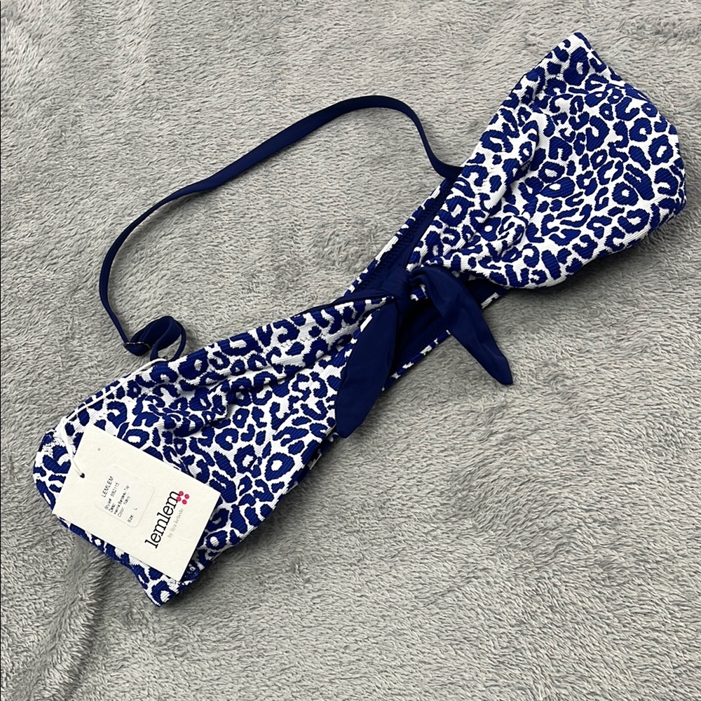 NEW Lemlem L Halima Bandeau Blue Leopard Print Bikini TopSS2115